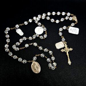 Vintage Clear Glass Rosary with Extra Medals Attached Catholic Prayer Beads